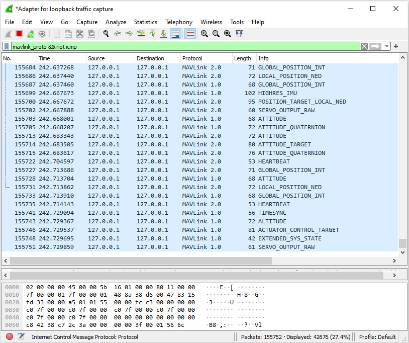 Wireshark: Live traffic filtered to show only MAVLink packets